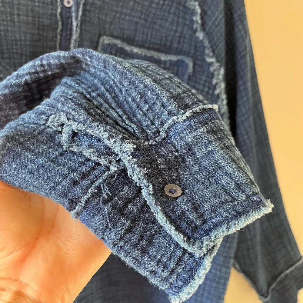 Aerie Sz M Oversized Indigo Blue Gauze Cover Up Button Down Shirt Dress Pocket - Picture 6 of 14